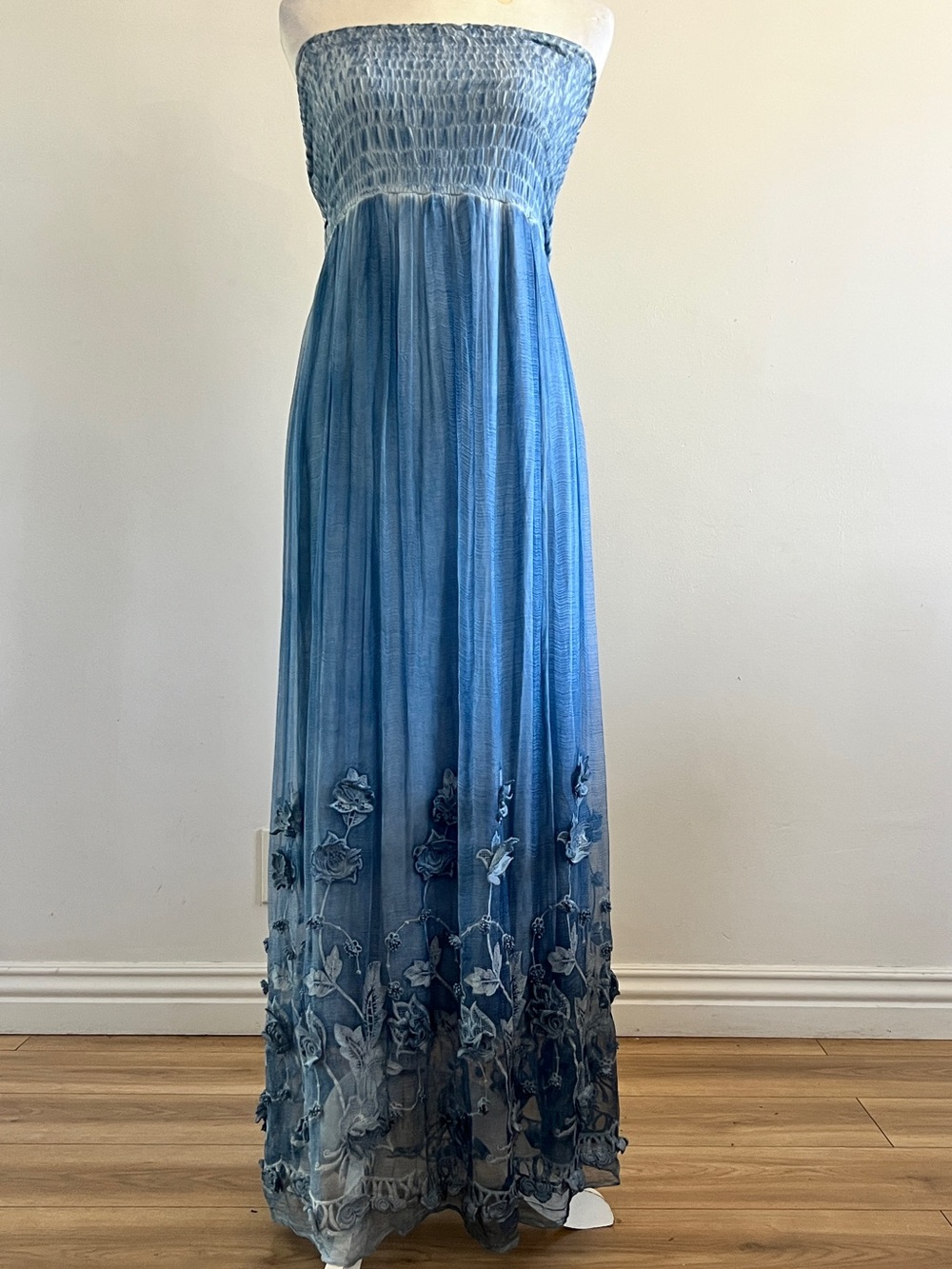 Raffaela D’angelo Italian Blue Silk Ombre Floral Appliqué, Boho Resort